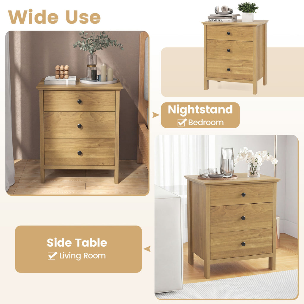 3-Drawer Wooden Nightstand Modern Bedside Table-Natural