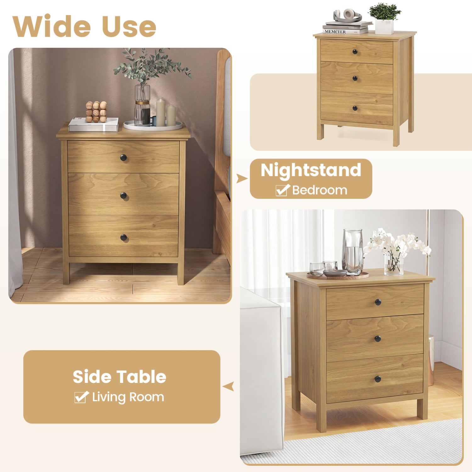 3-Drawer Wooden Nightstand Modern Bedside Table-Natural