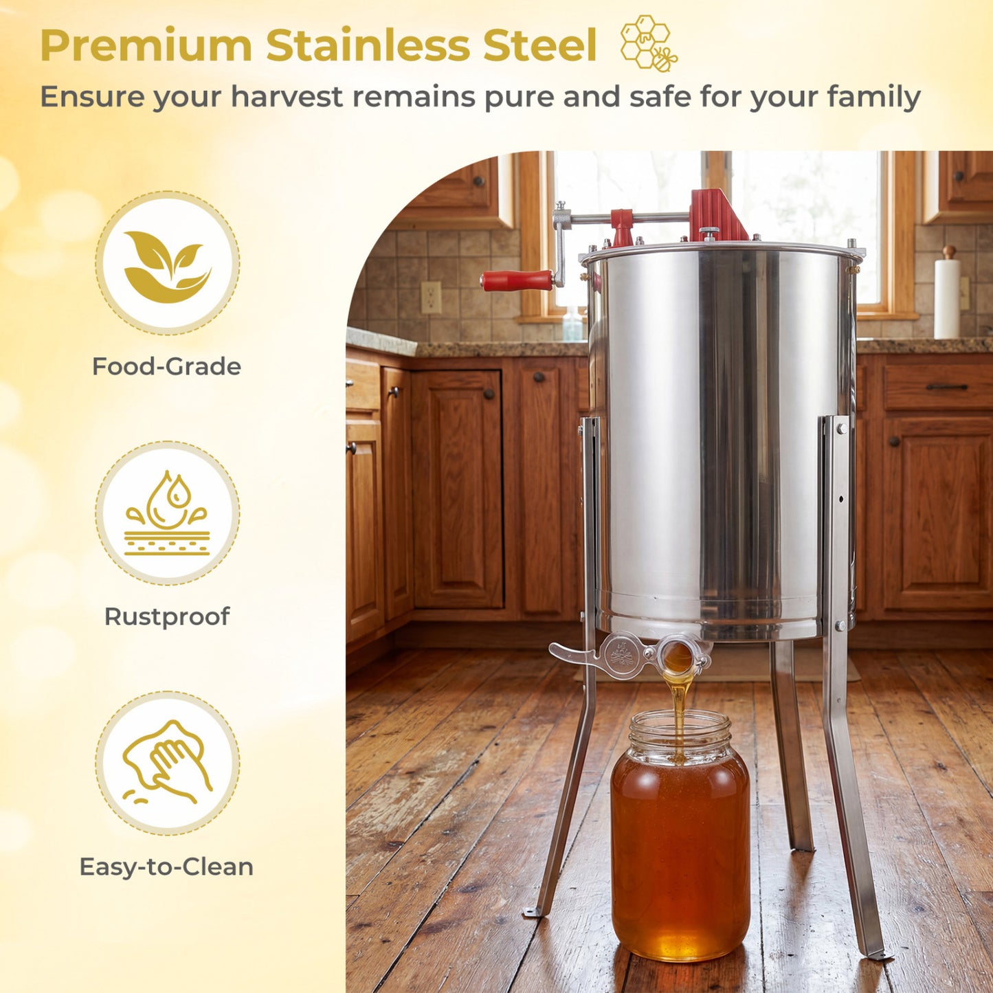 3 Frame Manual Honey Extractor with Bottom Gravity Flow Gate and Clear Lid for Home Apiary