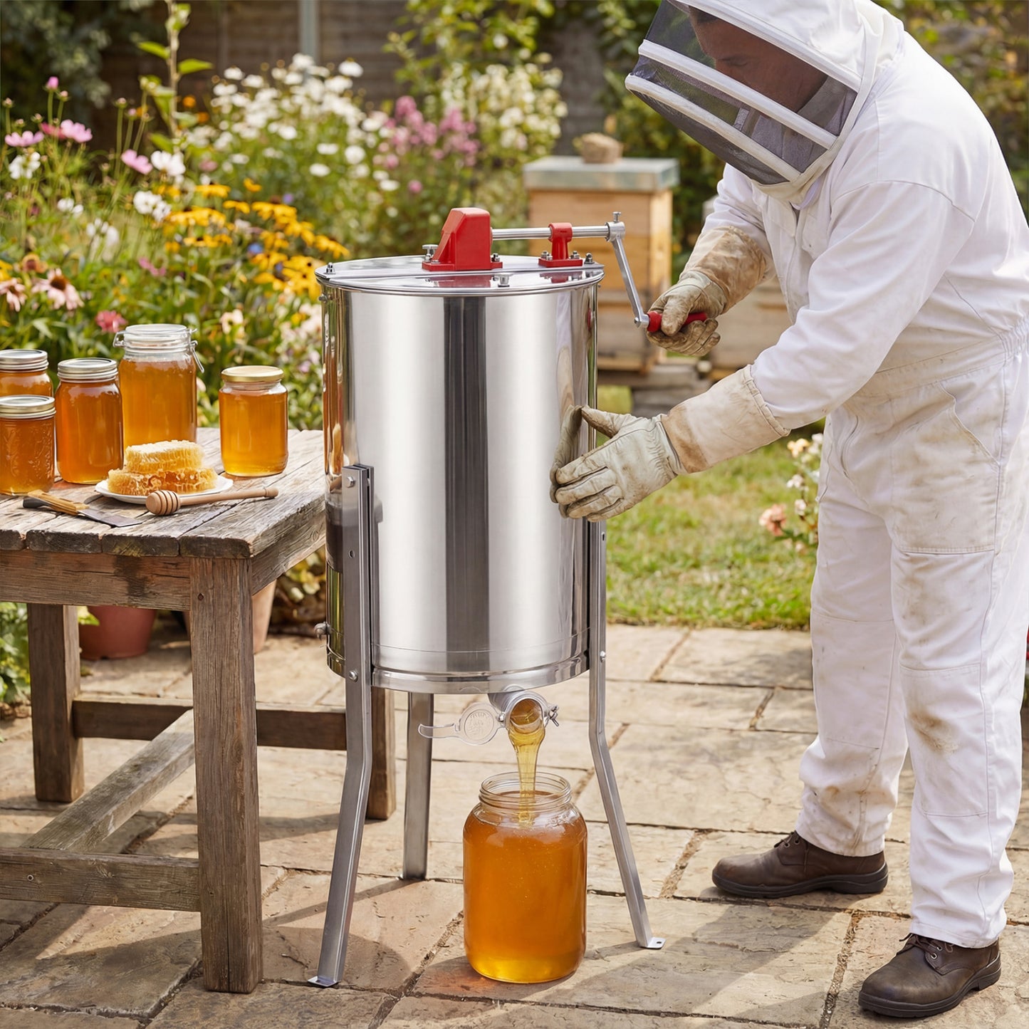 3 Frame Manual Honey Extractor with Bottom Gravity Flow Gate and Clear Lid for Home Apiary