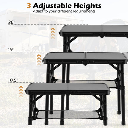 3-Height Folding Camping Table with Large Storage Net & Handle-Black