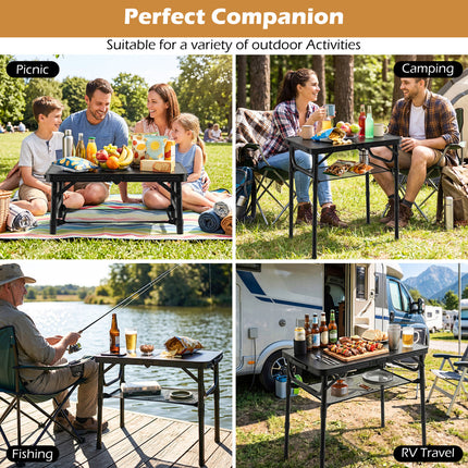 3-Height Folding Camping Table with Large Storage Net & Handle-Black