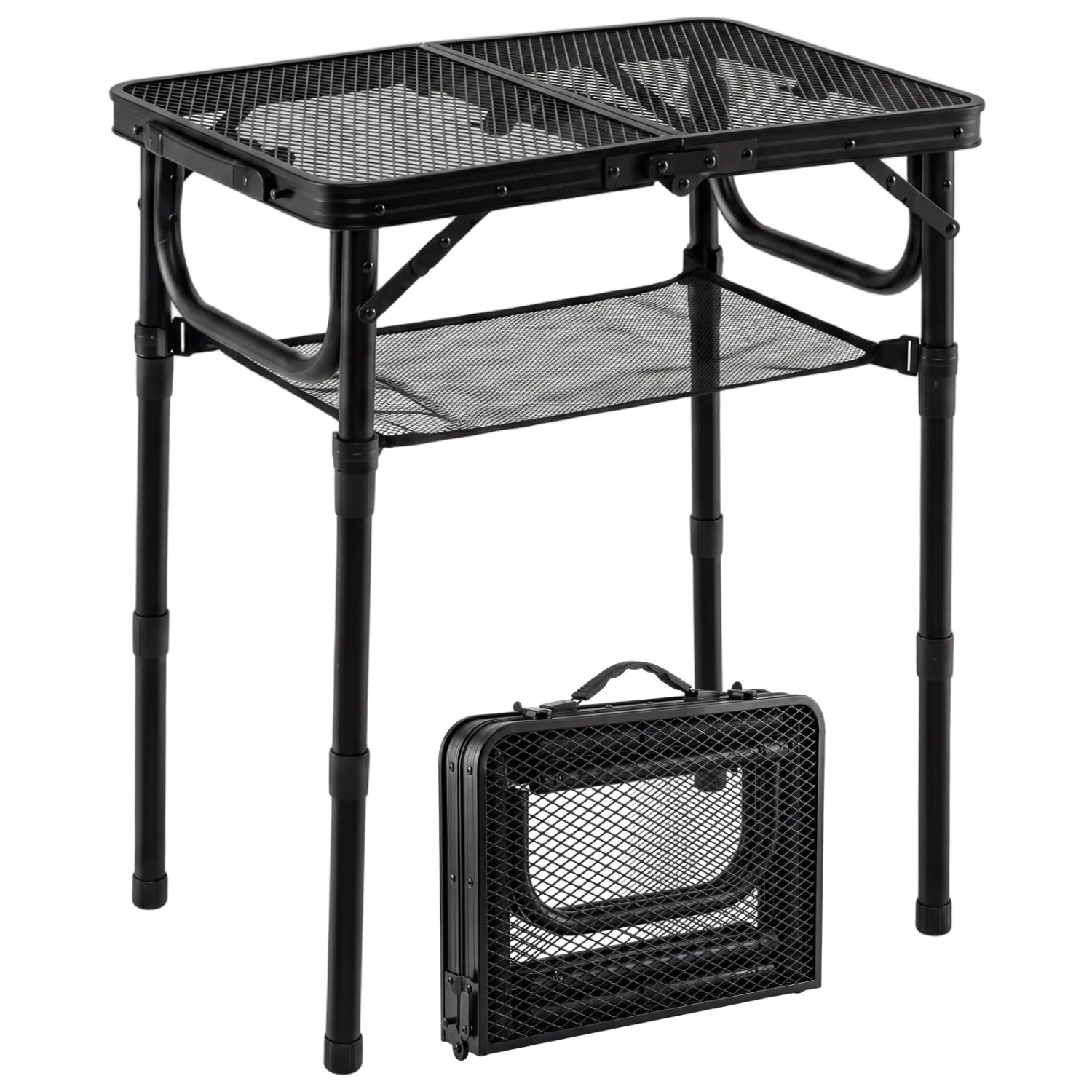 Table de pique-nique pliable 3 hauteurs avec grand filet de rangement et poignée-Noir