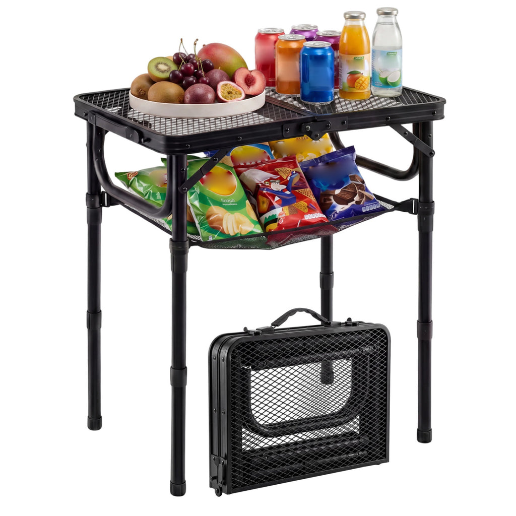 Table de pique-nique pliable 3 hauteurs avec grand filet de rangement et poignée-Noir