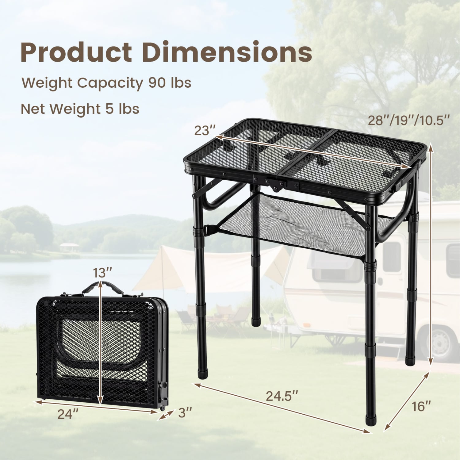 Table de pique-nique pliable 3 hauteurs avec grand filet de rangement et poignée-Noir