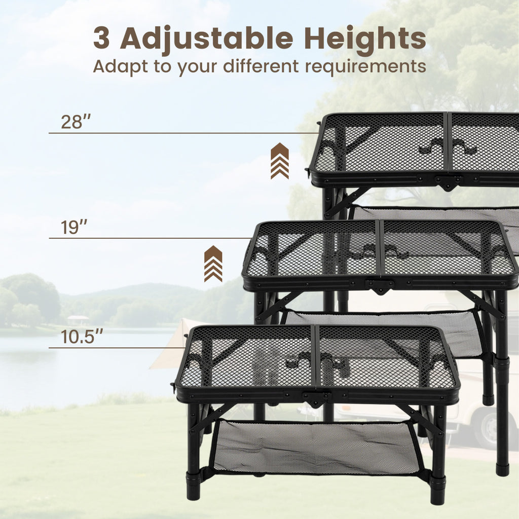 Table de pique-nique pliable 3 hauteurs avec grand filet de rangement et poignée-Noir