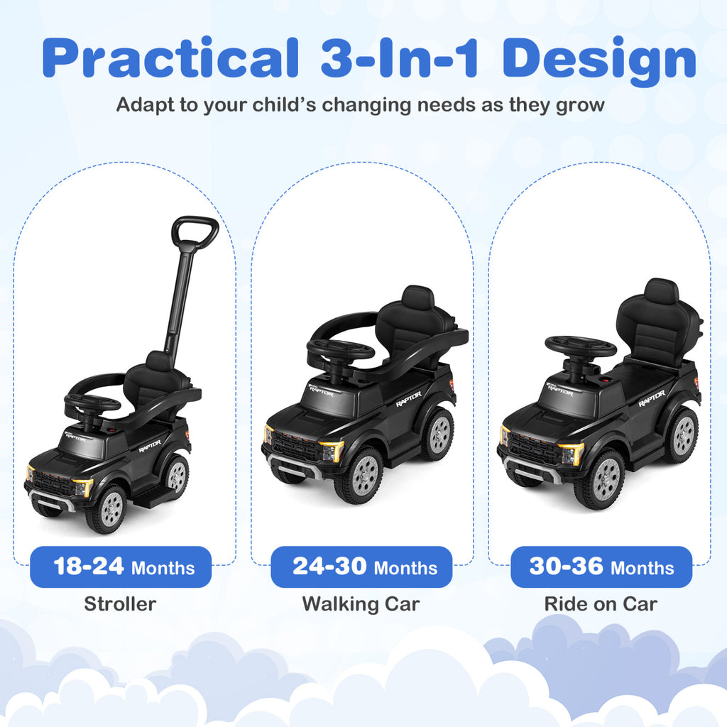 3-In-1 Licensed Ford Push Car for Toddlers-Black