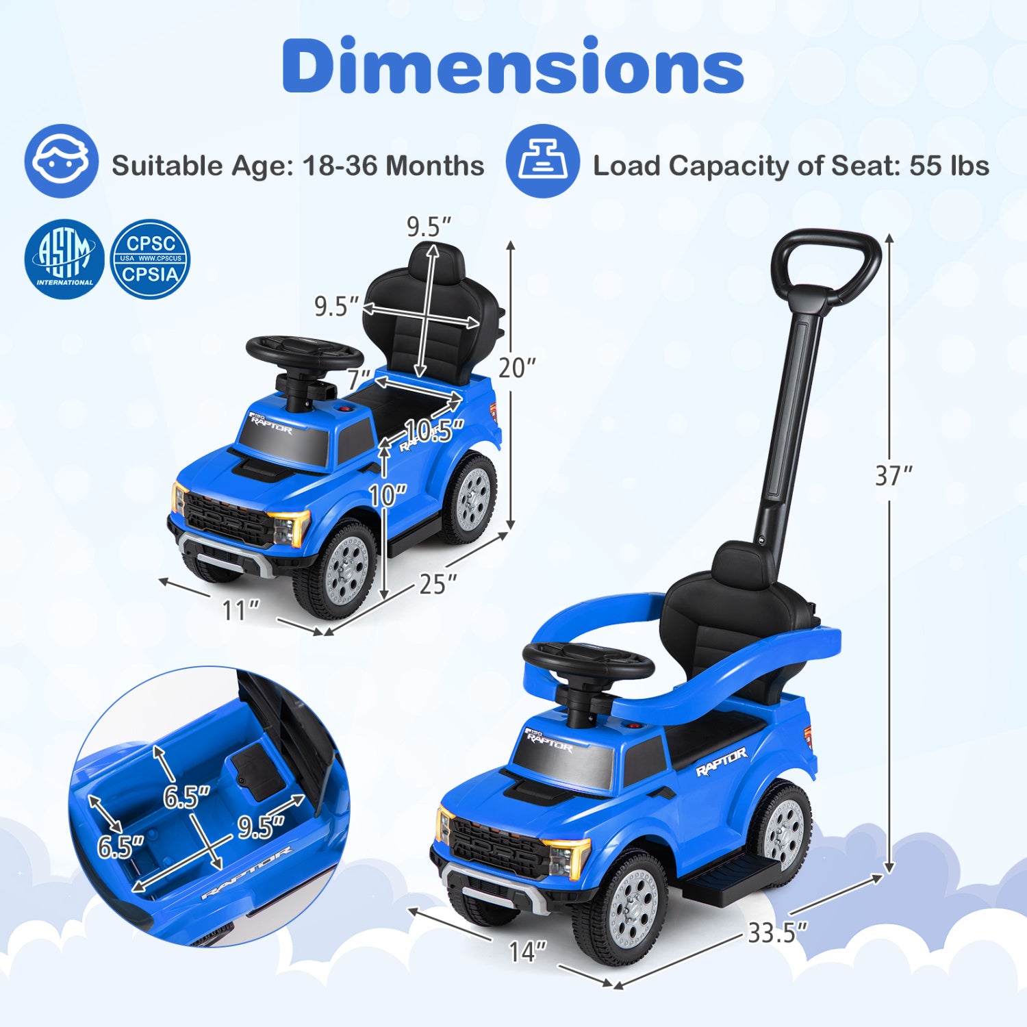 3-In-1 Licensed Ford Push Car for Toddlers-Blue