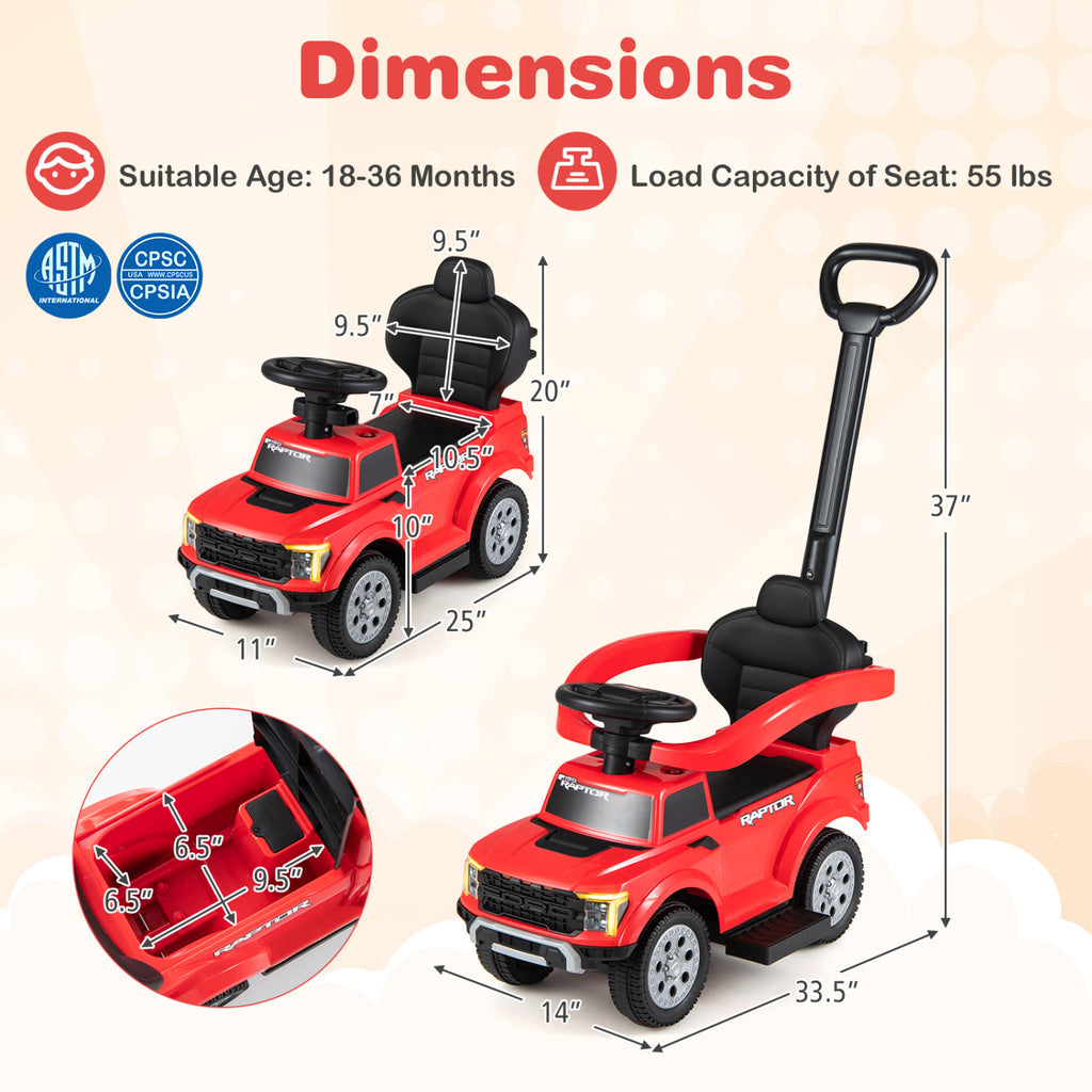 3-In-1 Licensed Ford Push Car for Toddlers-Red