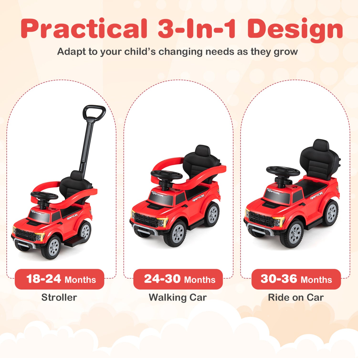 3-In-1 Licensed Ford Push Car for Toddlers-Red