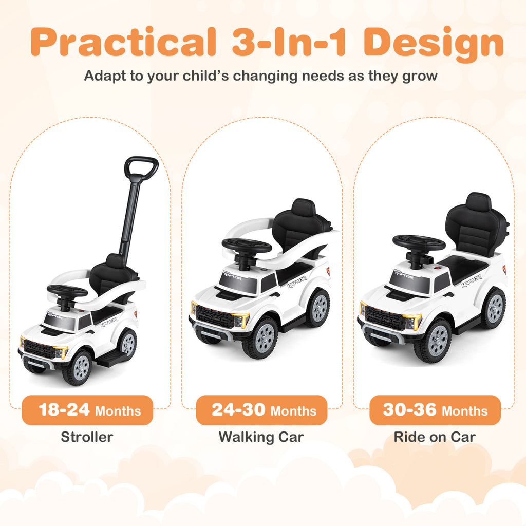 3-In-1 Licensed Ford Push Car for Toddlers-White