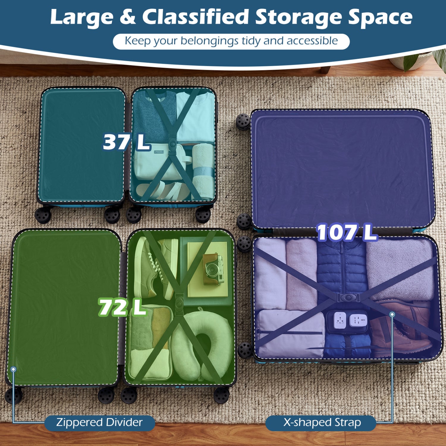 3-Piece 20/24/28 Inch Lightweight Hardside Luggage Set with 8-Spinner Wheels-Blue