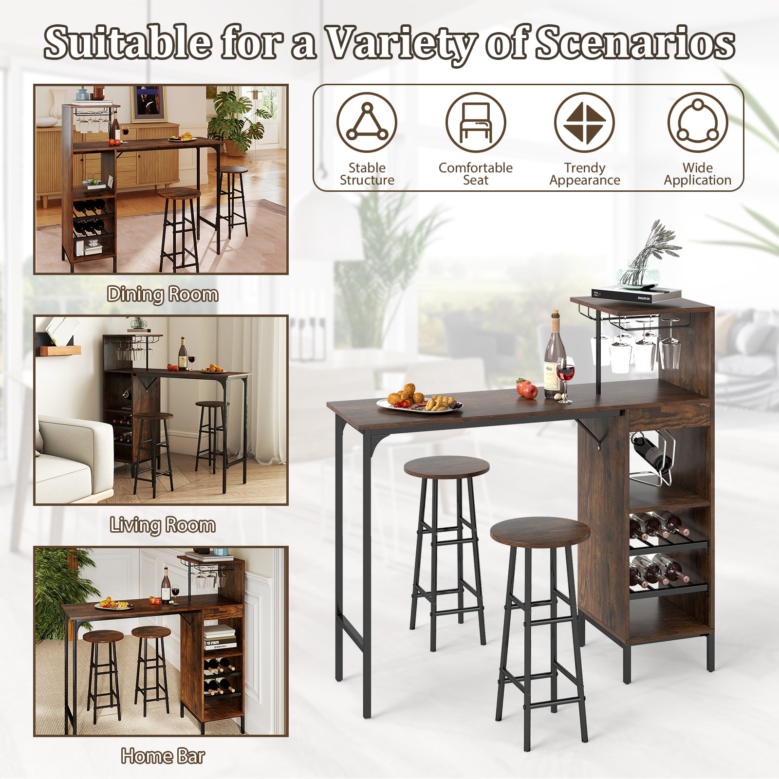 3 Piece Bar Table and Chairs Set with 6-Bottle Wine Rack-Rustic Brown