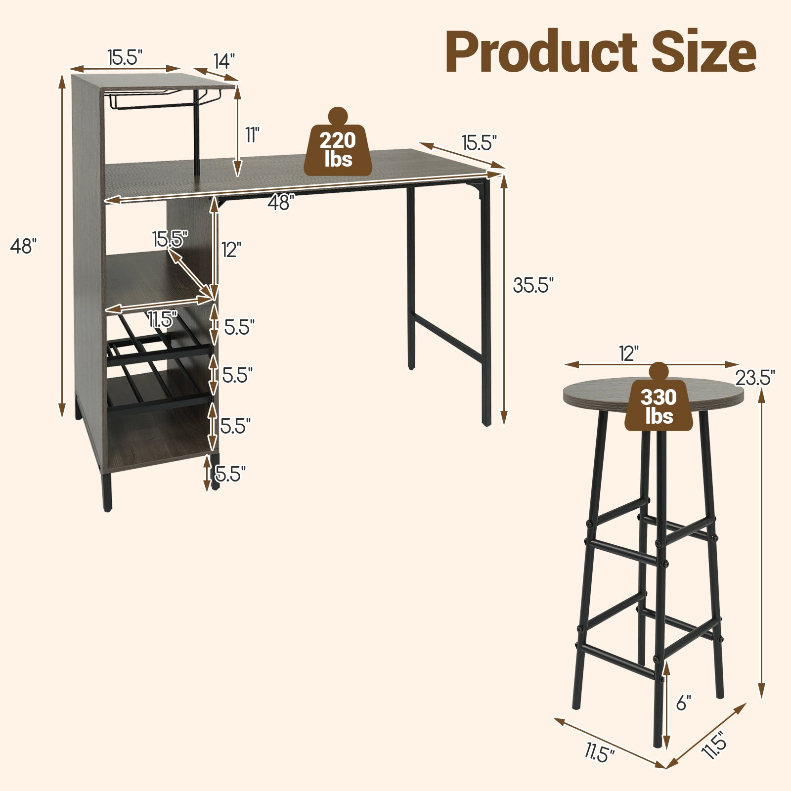 3 Piece Bar Table and Chairs Set with 6-Bottle Wine Rack-Oak