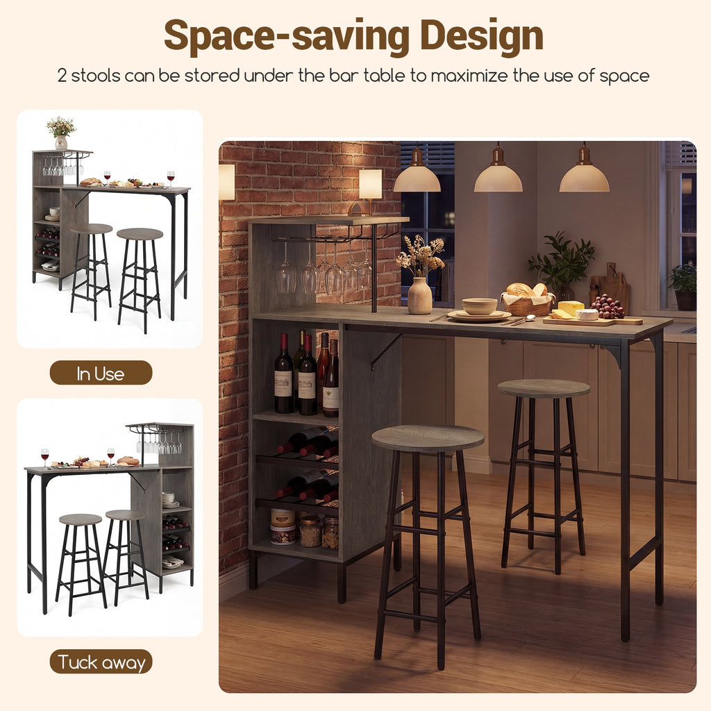 3 Piece Bar Table and Chairs Set with 6-Bottle Wine Rack-Oak