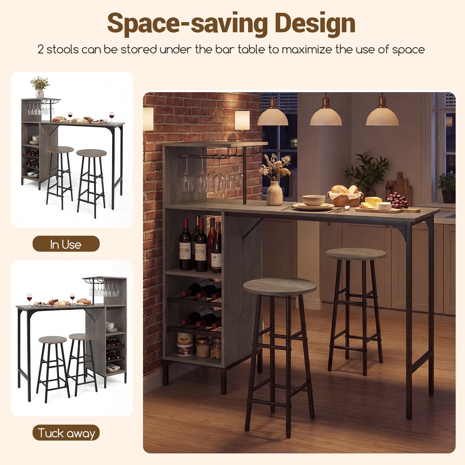 3 Piece Bar Table and Chairs Set with 6-Bottle Wine Rack-Oak