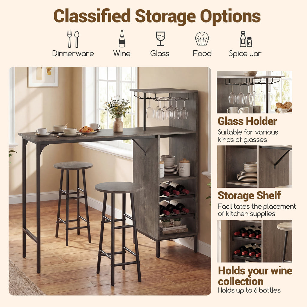 3 Piece Bar Table and Chairs Set with 6-Bottle Wine Rack-Oak