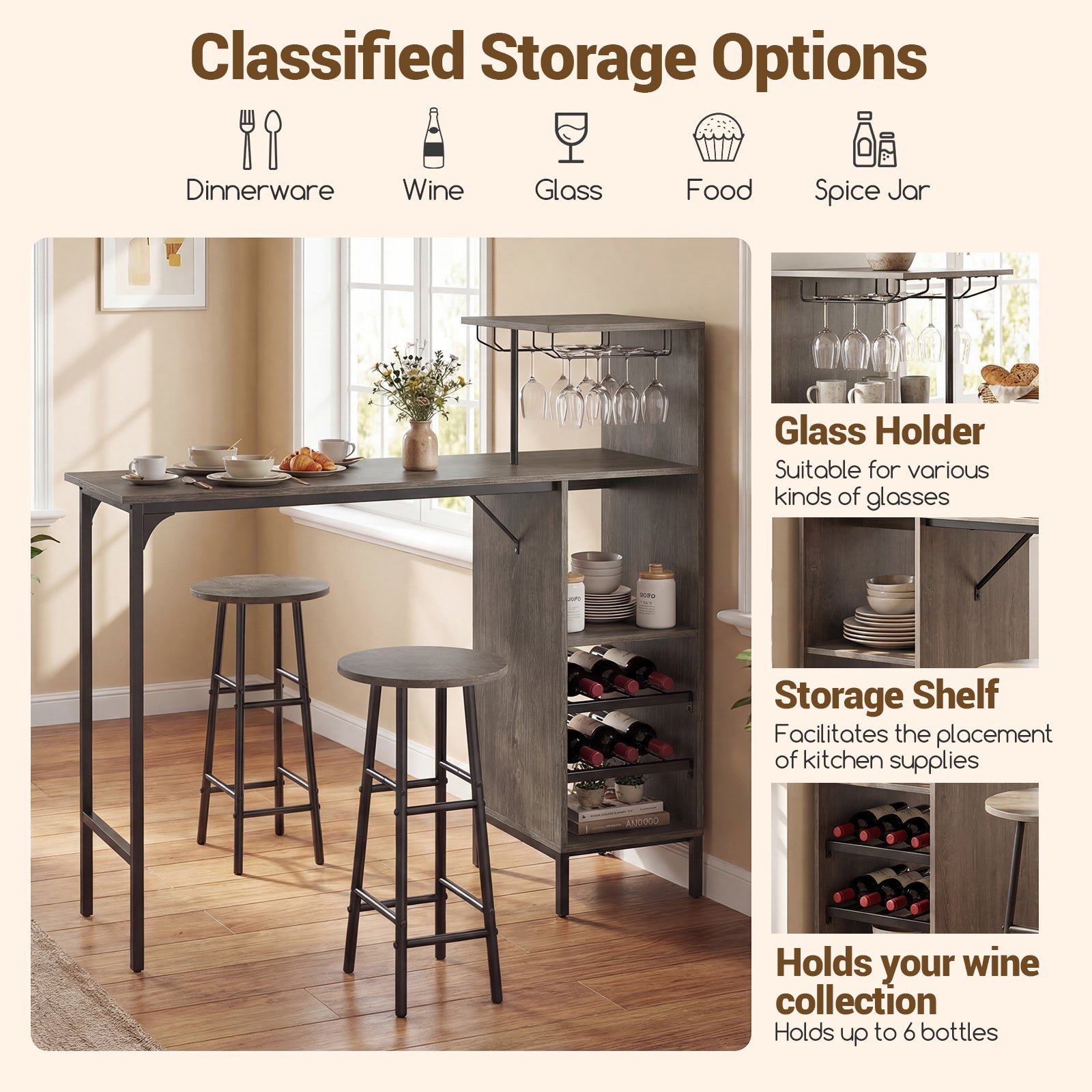 3 Piece Bar Table and Chairs Set with 6-Bottle Wine Rack-Oak