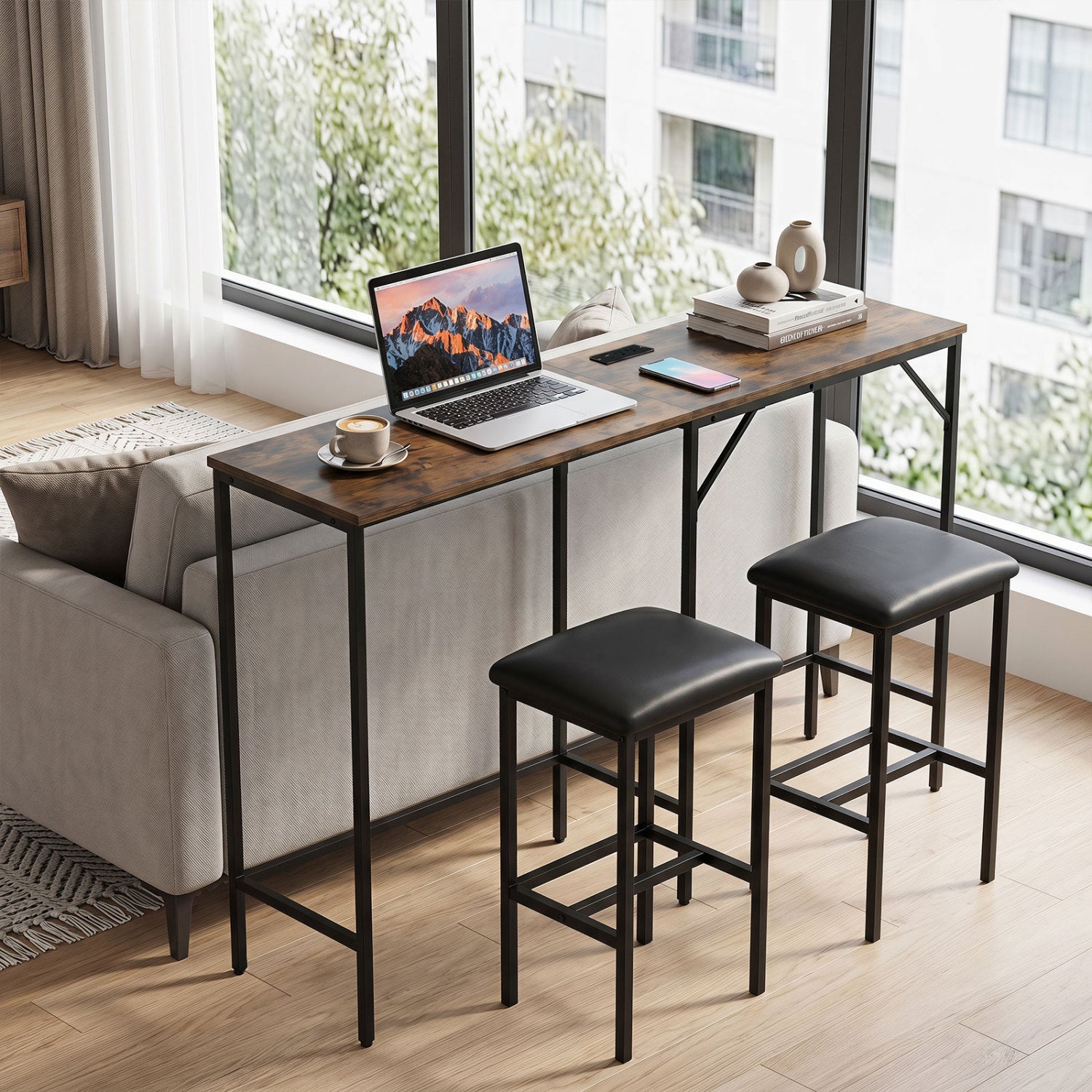 3-Piece Convertible L-Shaped Kitchen Table Chair Set with 2 AC Outlets  USB Port and Type-C Port-Rustic Brown