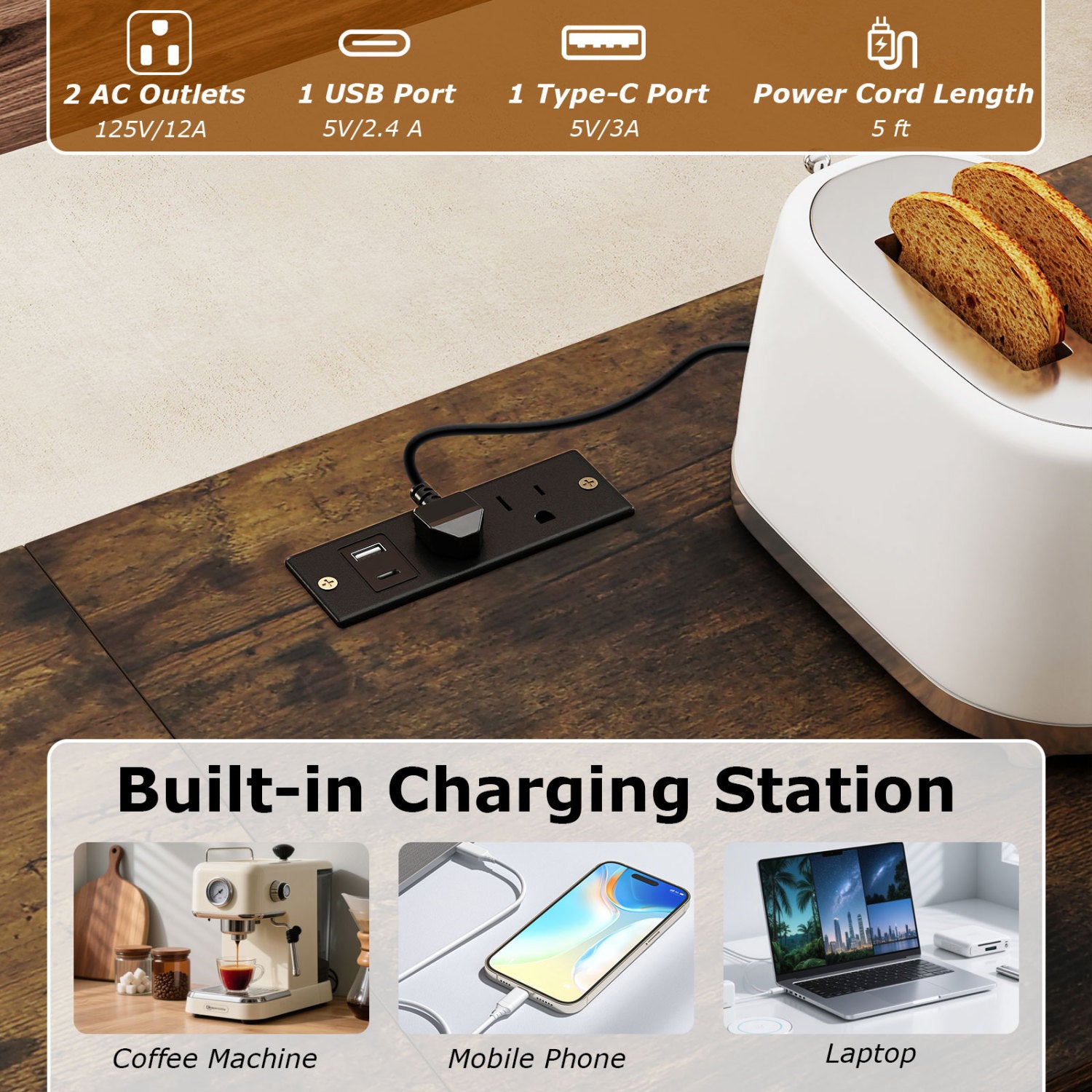 3-Piece Convertible L-Shaped Kitchen Table Chair Set with 2 AC Outlets  USB Port and Type-C Port-Rustic Brown