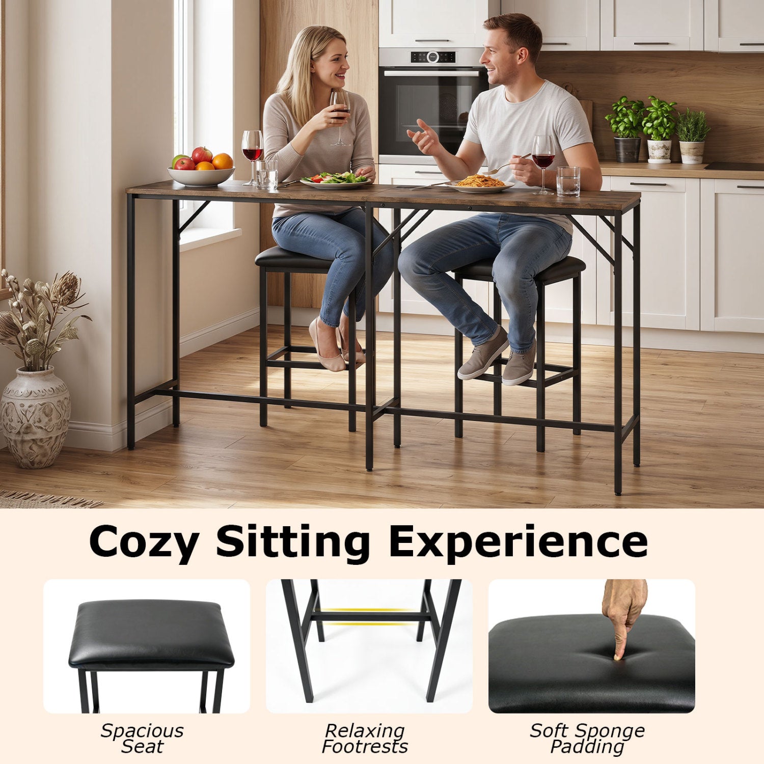 3-Piece Convertible L-Shaped Kitchen Table Chair Set with 2 AC Outlets  USB Port and Type-C Port-Rustic Brown