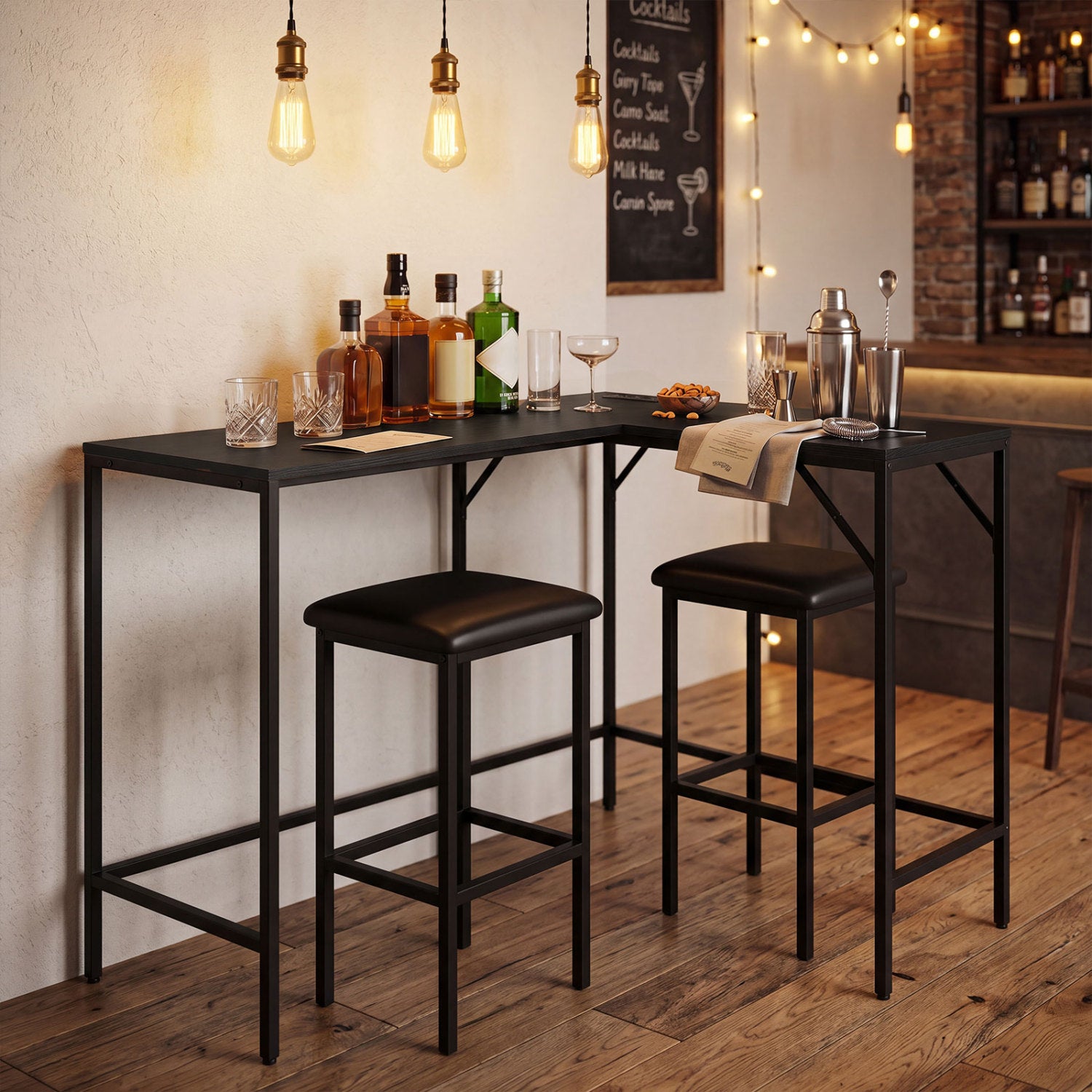 3-Piece Convertible L-Shaped Kitchen Table Chair Set with 2 AC Outlets  USB Port and Type-C Port-Black