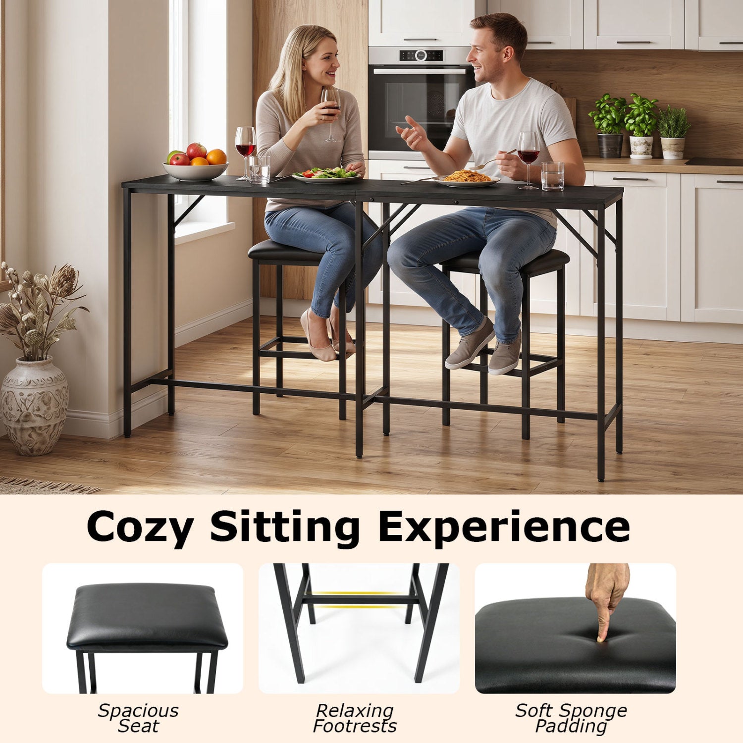 3-Piece Convertible L-Shaped Kitchen Table Chair Set with 2 AC Outlets  USB Port and Type-C Port-Black