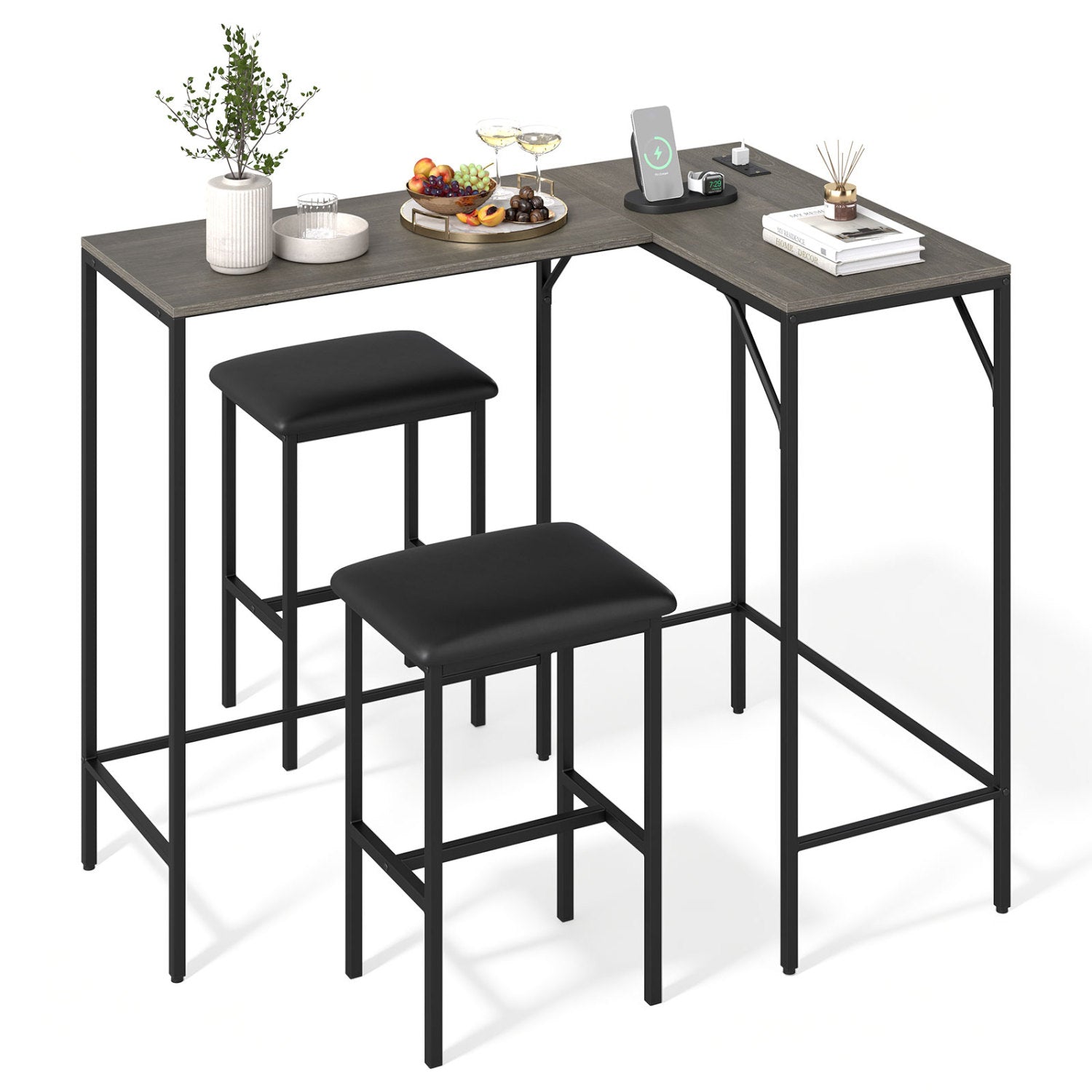 3-Piece Convertible L-Shaped Kitchen Table Chair Set with 2 AC Outlets  USB Port and Type-C Port-Gray