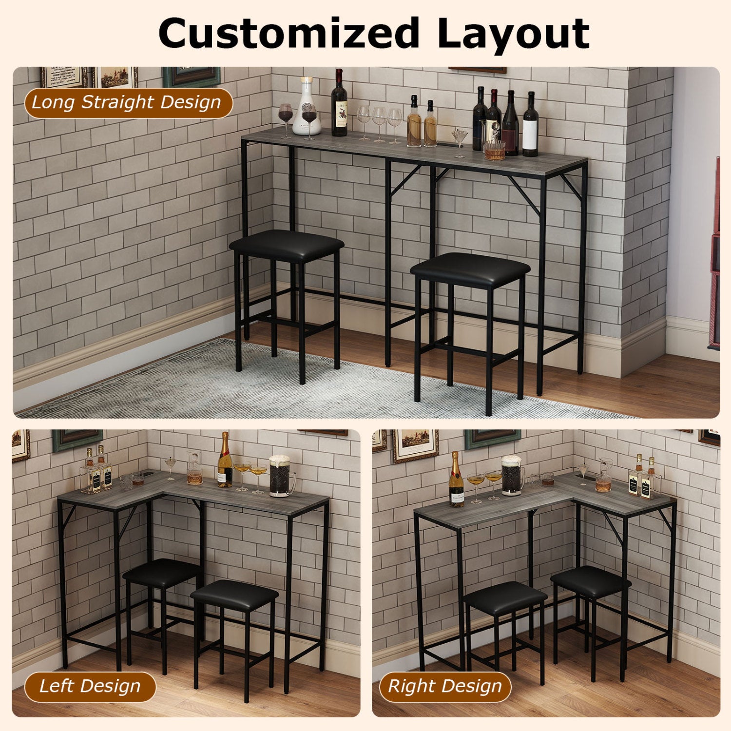 3-Piece Convertible L-Shaped Kitchen Table Chair Set with 2 AC Outlets  USB Port and Type-C Port-Gray