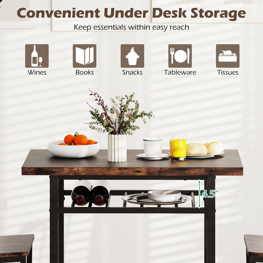 3-Piece Dining Table Set with Rectangular Kitchen Table and 2 Chairs-Rustic Brown