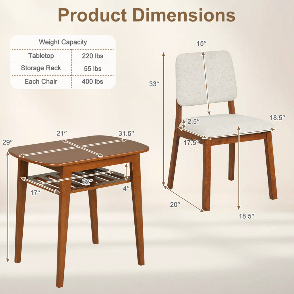 3-Piece Dining Table Set for 2 with Upholstered Chairs-Cherry