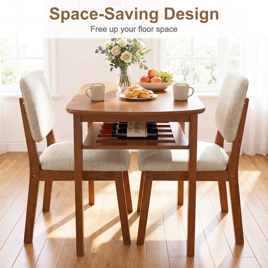 3-Piece Dining Table Set for 2 with Upholstered Chairs-Cherry