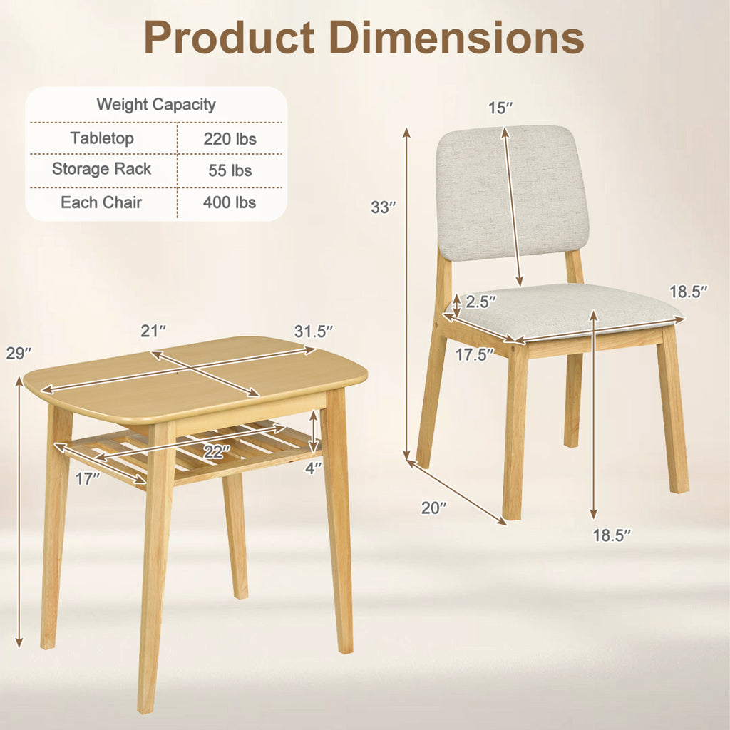 3-Piece Dining Table Set for 2 with Upholstered Chairs-Natural