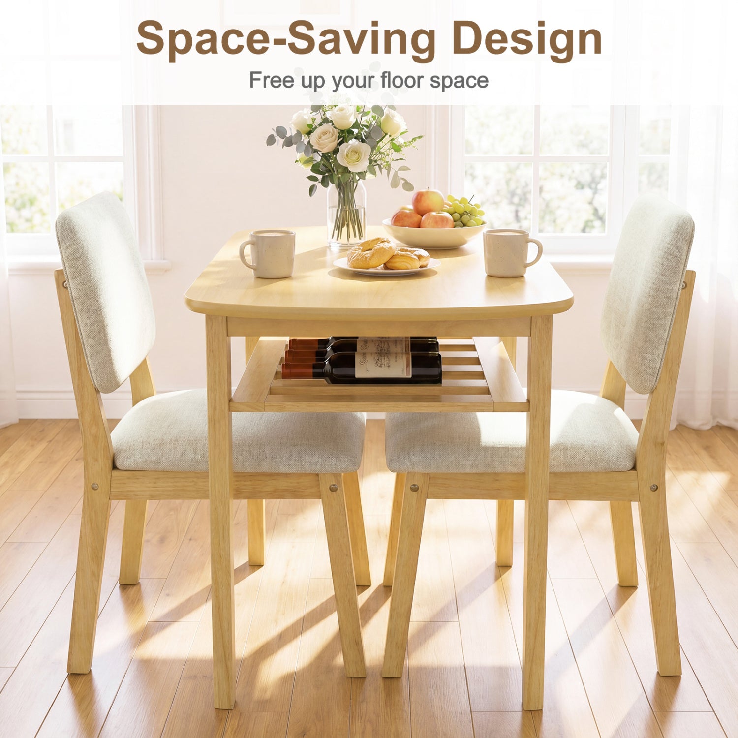 3-Piece Dining Table Set for 2 with Upholstered Chairs-Natural