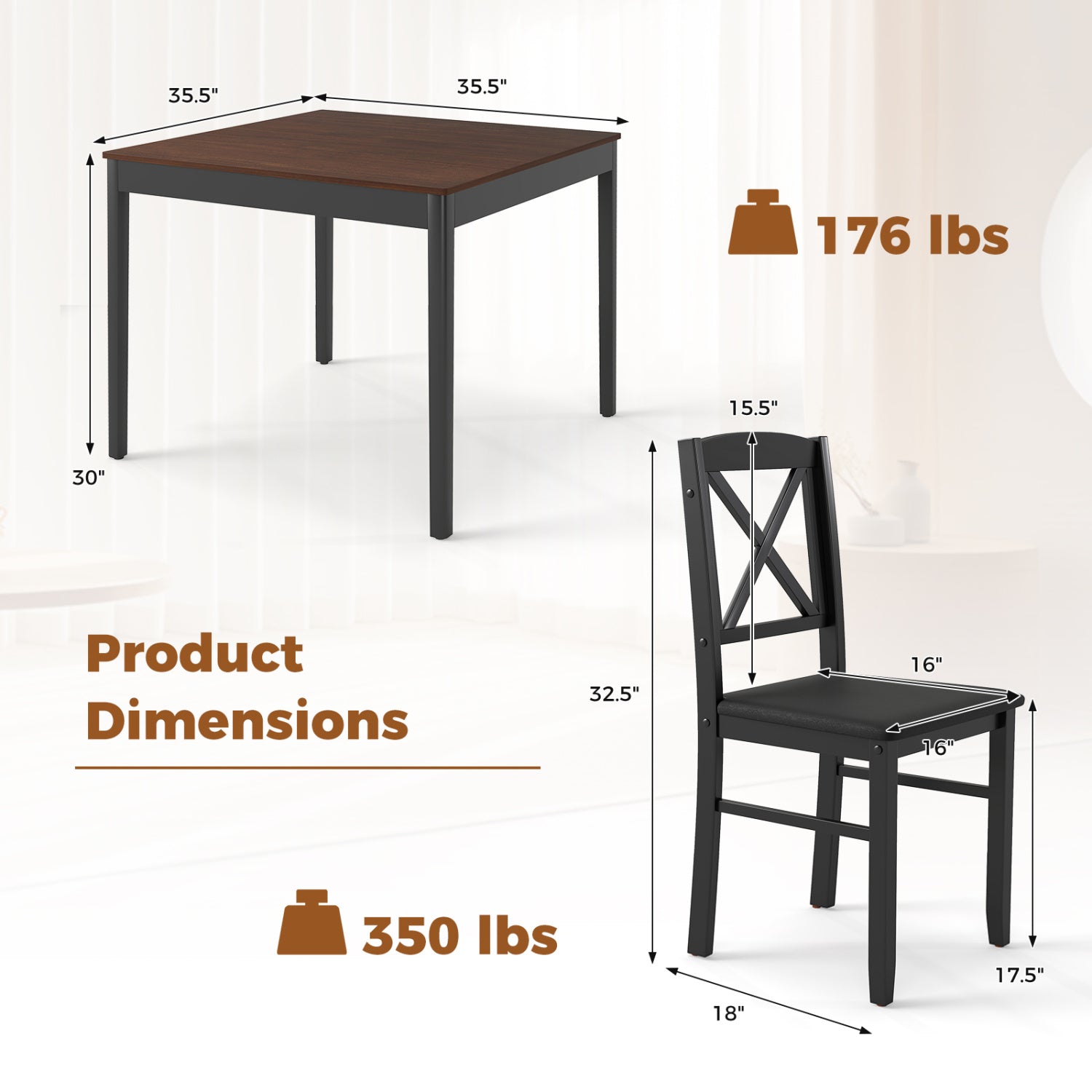 3-Piece Dining Table Set Wooden Square Kitchen Table for 2 People-Brown