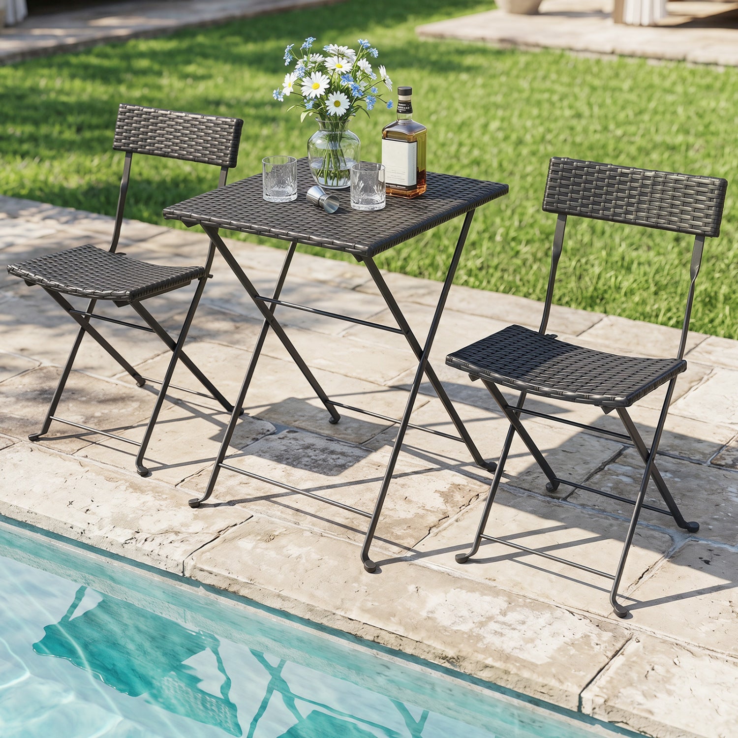 3-Piece Folding Bistro Set with PE Wicker and X-Shaped Metal Frame-Black