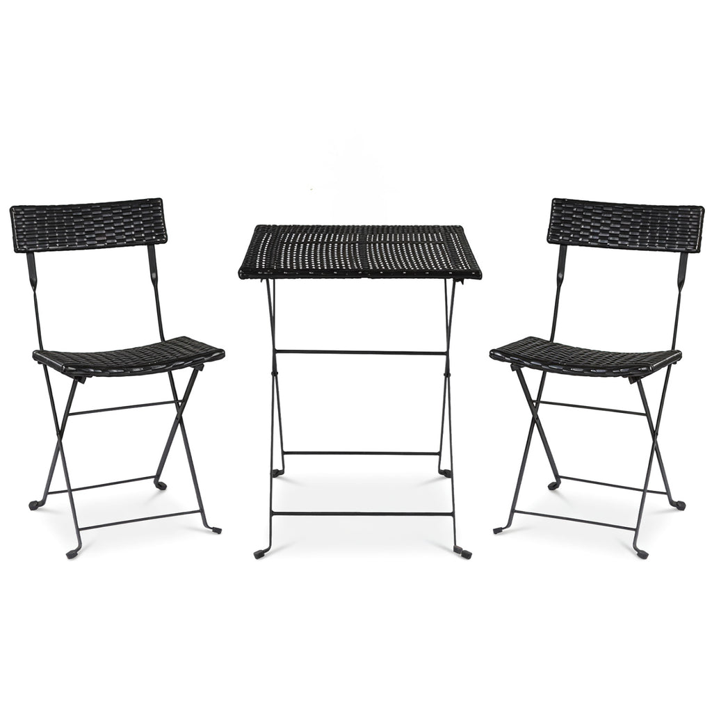 3-Piece Folding Bistro Set with PE Wicker and X-Shaped Metal Frame-Black