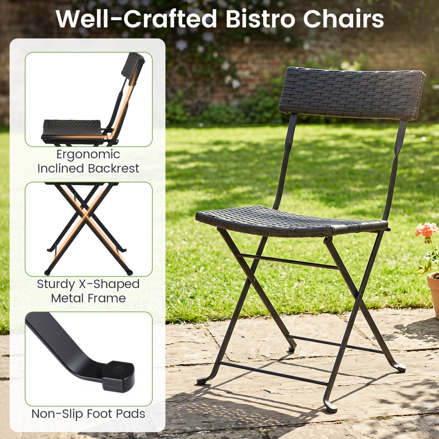 3-Piece Folding Bistro Set with PE Wicker and X-Shaped Metal Frame-Black