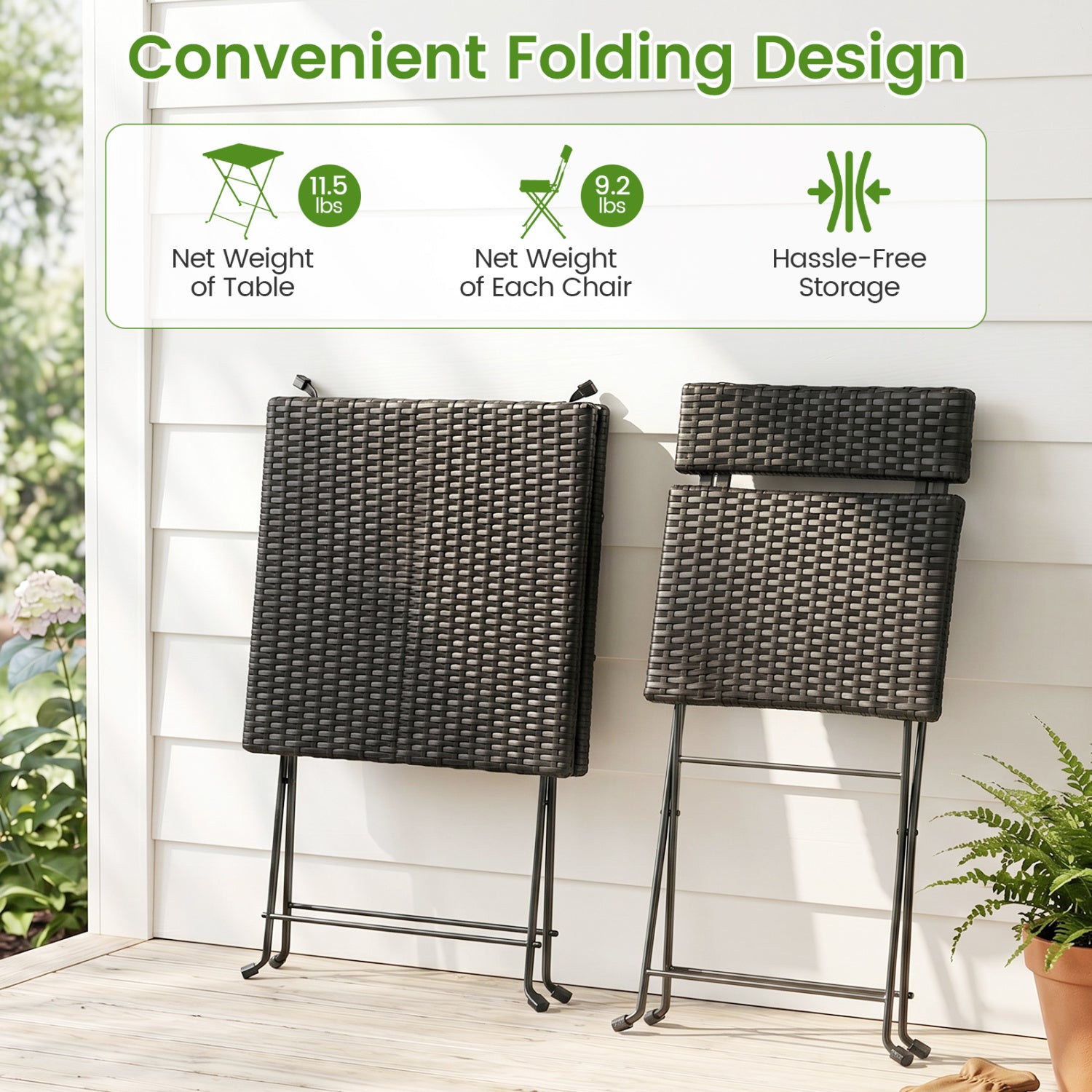 3-Piece Folding Bistro Set with PE Wicker and X-Shaped Metal Frame-Black