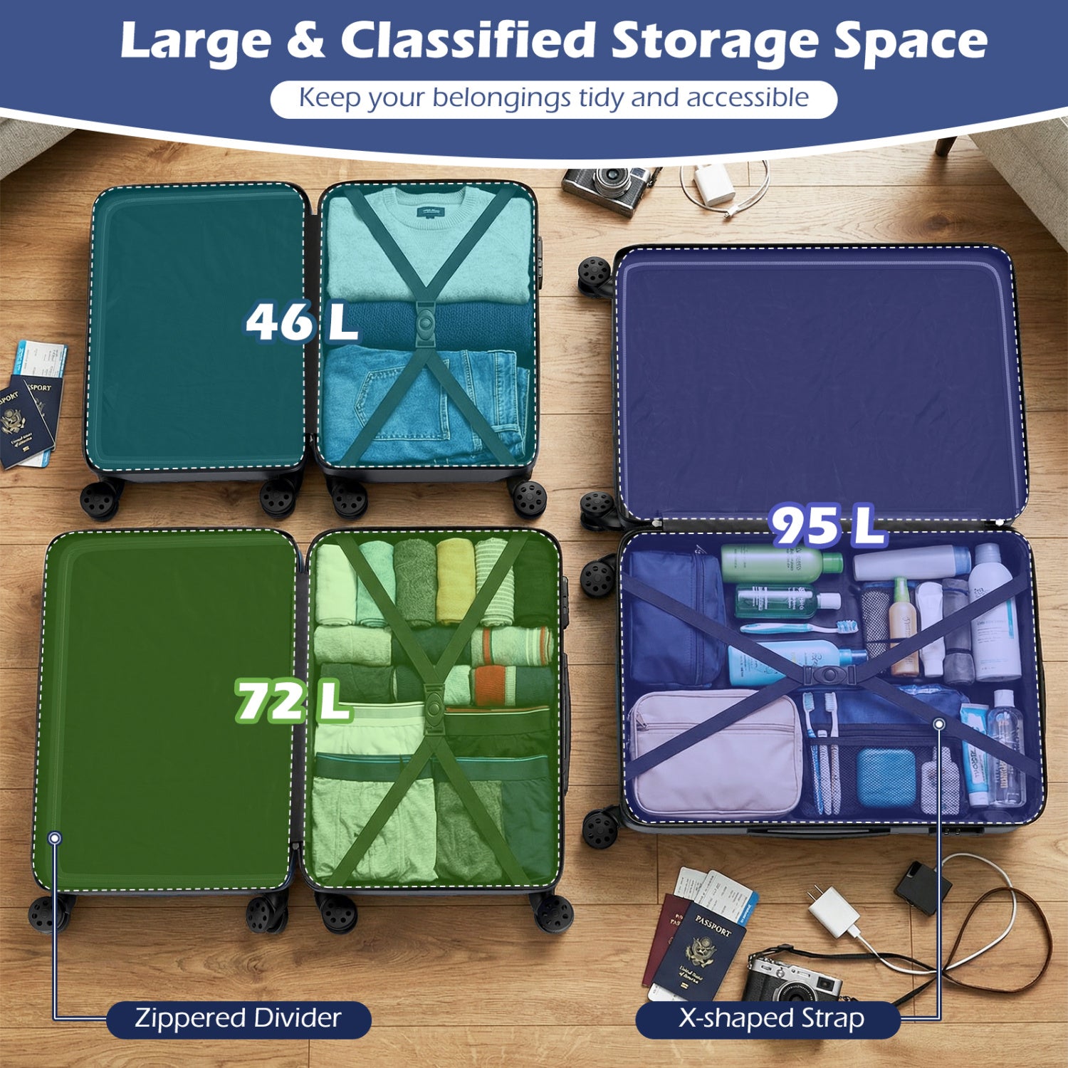 Ensemble de 3 valises rigides légères avec 8 roulettes multidirectionnelles - Gris