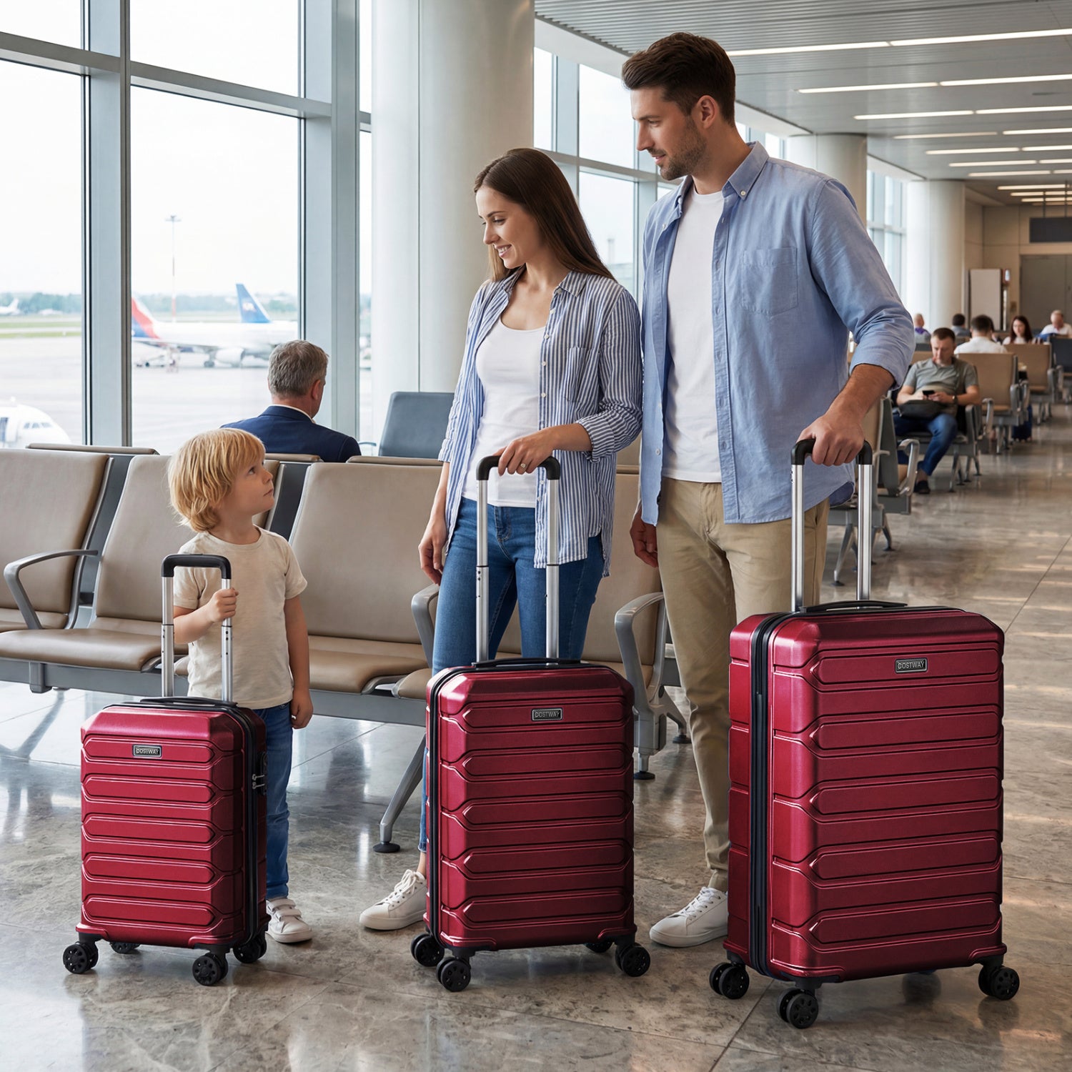 3-Piece Hardside Luggage Set Lightweight Hardside Suitcases with 8-Spinner Wheels-Red
