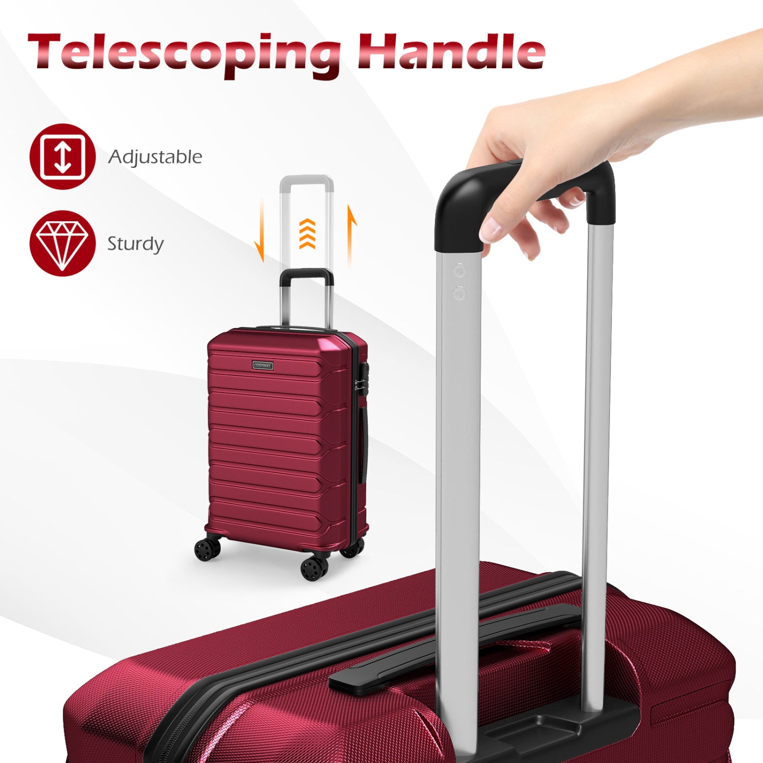 Ensemble de 3 valises rigides légères avec 8 roulettes pivotantes – Rouge