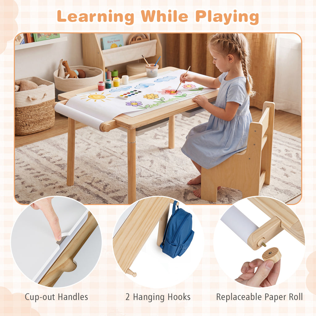 3-Piece Kids Activity Table and Chair Set with Adjustable Height-Natural