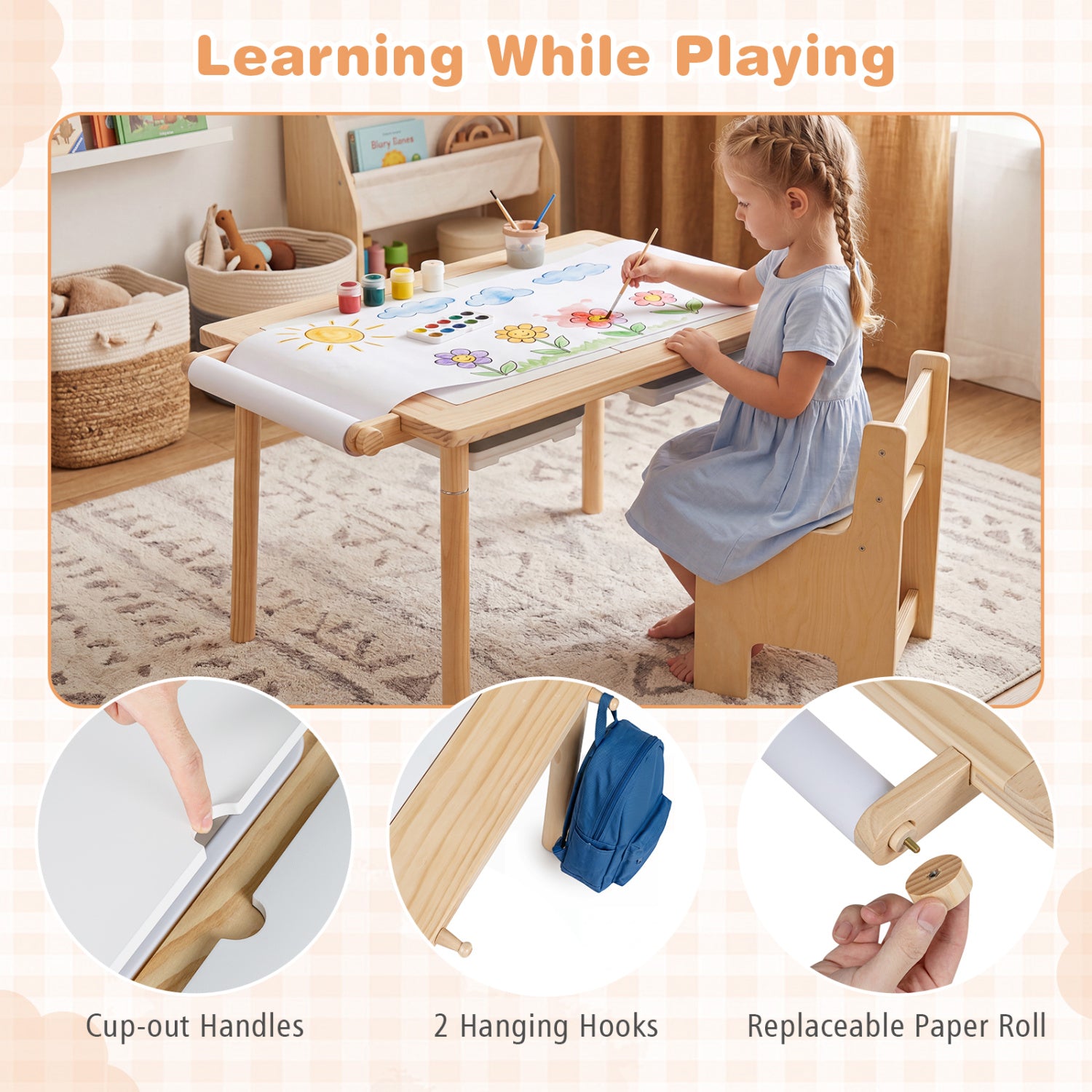 3-Piece Kids Activity Table and Chair Set with Adjustable Height-Natural