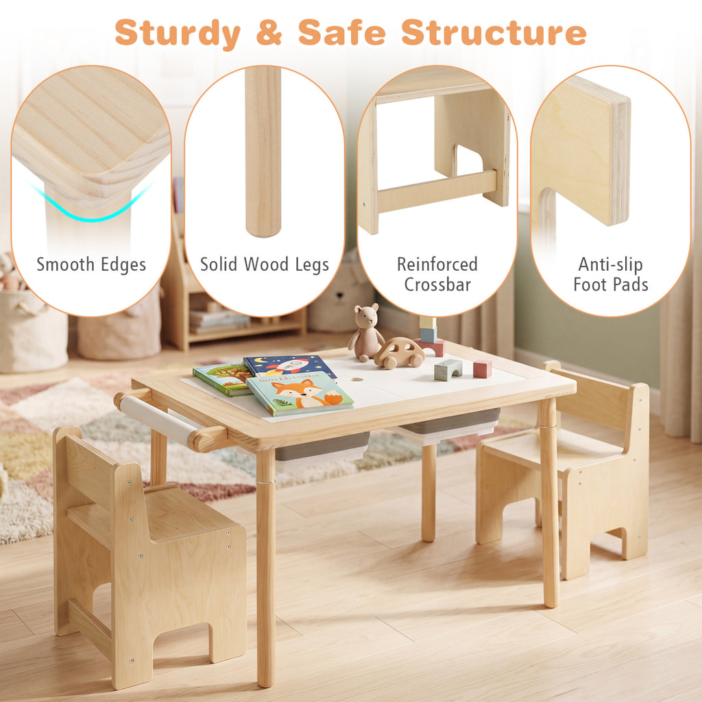 3-Piece Kids Activity Table and Chair Set with Adjustable Height-Natural