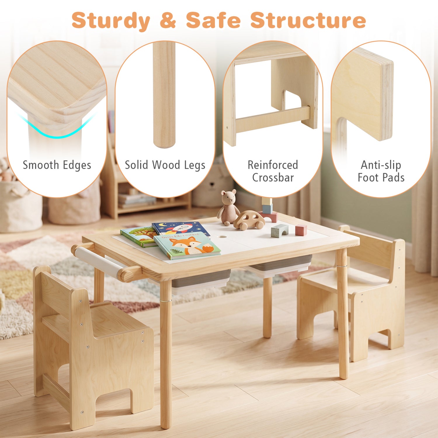 3-Piece Kids Activity Table and Chair Set with Adjustable Height-Natural