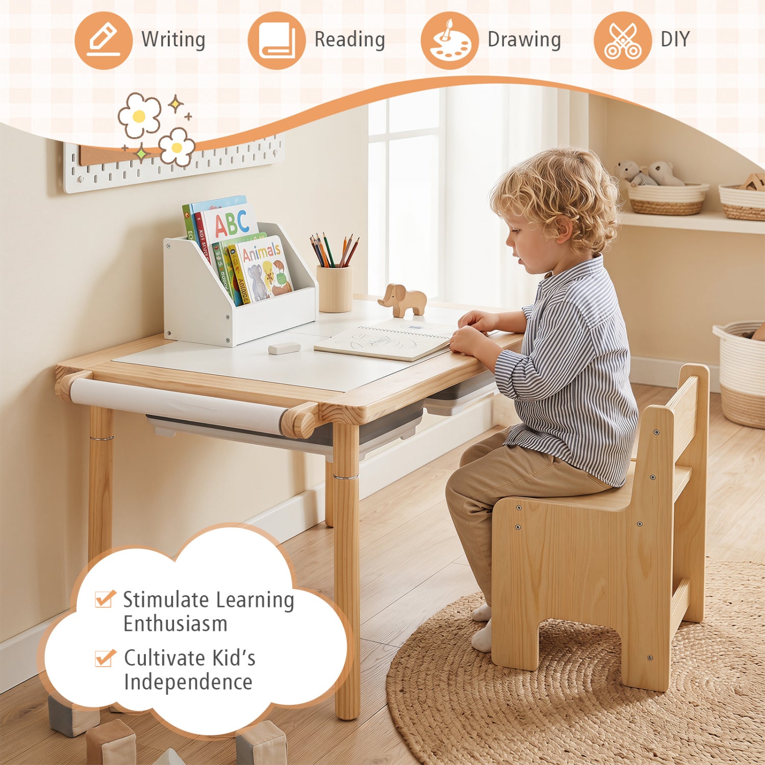 3-Piece Kids Activity Table and Chair Set with Adjustable Height-Natural