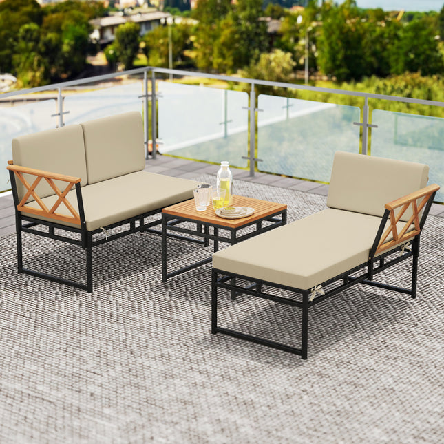 3-Piece L-Shaped Patio Furniture Set for Porch Backyard and Poolside-Beige