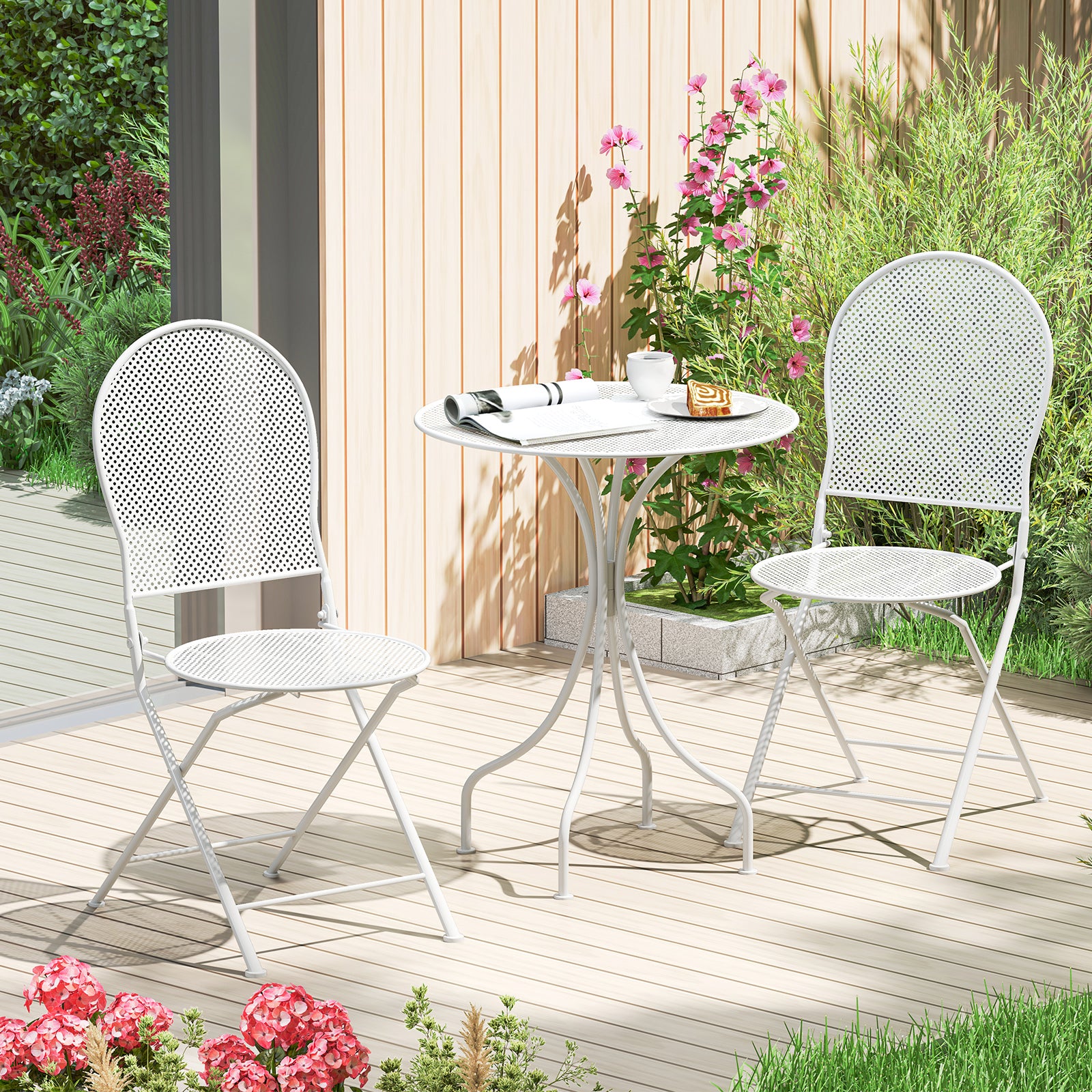 Ensemble bistrot 3 pièces en métal avec table ronde et 2 chaises pliantes - Blanc