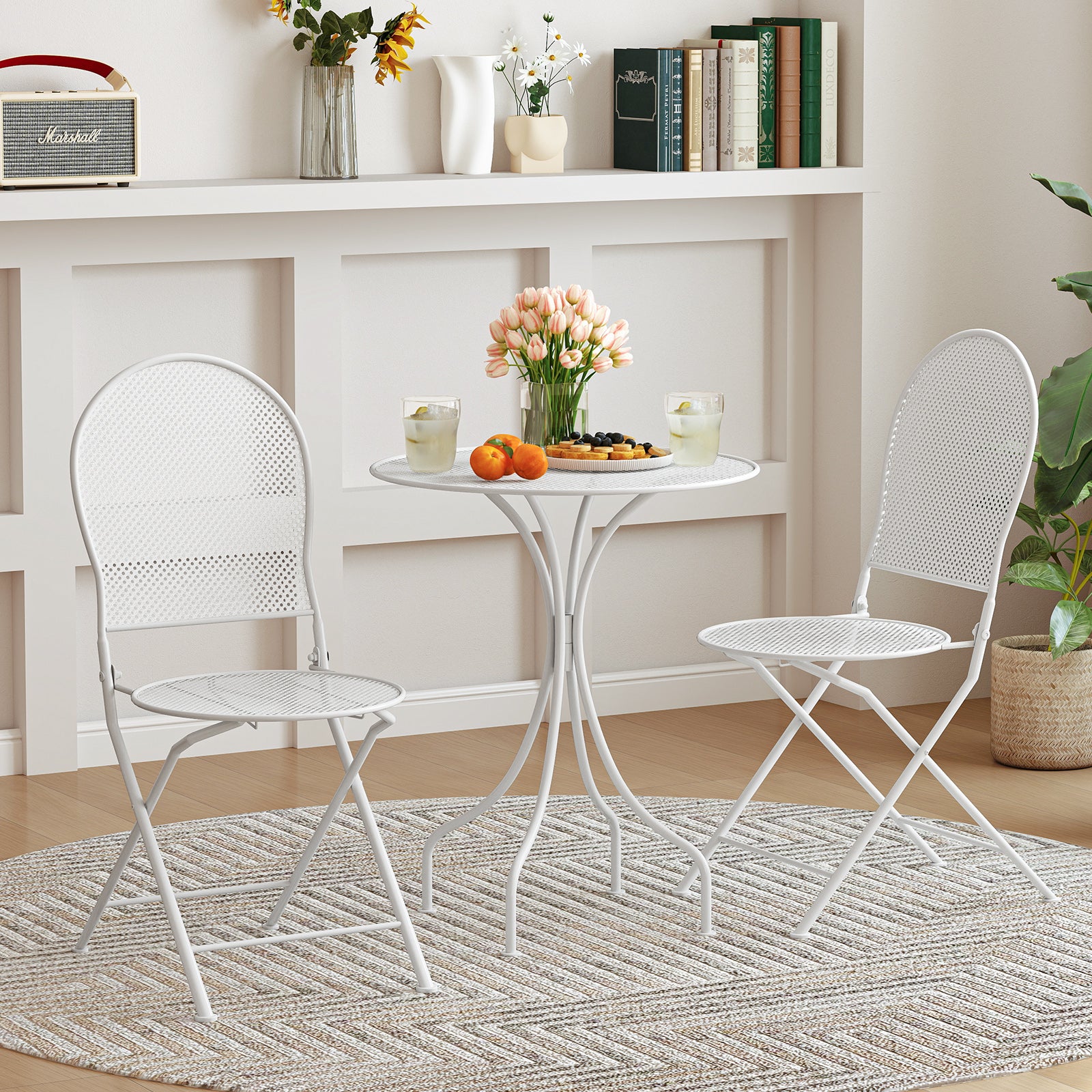 Ensemble bistrot 3 pièces en métal avec table ronde et 2 chaises pliantes - Blanc
